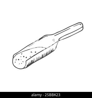 Vector illustration of hand draw wooden spoon with wheat flour. Sketched concept. Black line art drawing, isolated on white background. Gluten food in Stock Vector