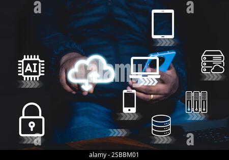 solution big data technology cloud data storage, backup service on the internet network. concept of a business digital server. information system secu Stock Photo