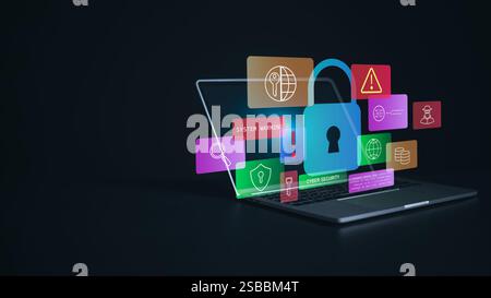 Cyber security and privacy concepts to protect data, Lock icon and internet network security technology, Screen computer show of protecting personal d Stock Photo