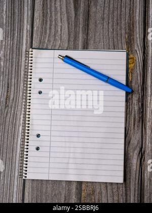 A blank spiral notebook lies open on a textured wooden surface alongside a blue pen. The setting is calm, inviting thoughts and ideas to be captured o Stock Photo
