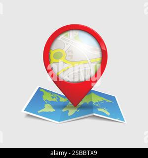 Map with pin. Red direction pointer on folded city map, gps navigation and travel location vector position search sticker 3d icon Stock Vector