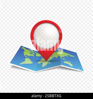 Map with pin. Red direction pointer on folded city map, gps navigation and travel location vector position search sticker 3d icon Stock Vector