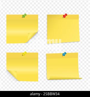 Collection of various white note papers with curled corner, pinned push button Stock Vector