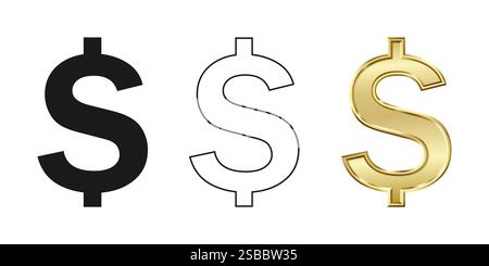 Golden US dollar currency symbol isolated on transparent background. Golden dollar sign. 3D signs money currency sign. 3D vector Illustration Stock Vector