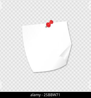 White paper note pinned red pushbutton with curled corner Stock Vector