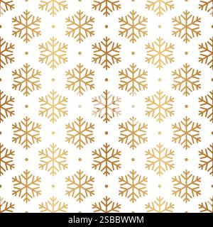 Snowflake seamless pattern. Repeated gold snowflakes background for design winter prints. Decorative snow flake. Cute golden snowing. Repeating frost Stock Vector