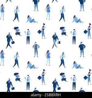 Seamless pattern of tiny business people. Diverse collection of small men and women in business suits. Tiny people use smartphones. Funny office worke Stock Vector