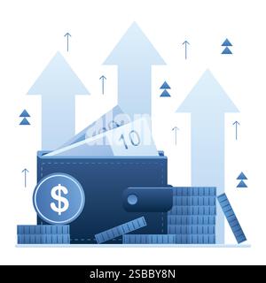 Increase revenue concept background. Wallet full of money. High interest rate. Growing quotes, raise capital,investment portfolio,budget profit, finan Stock Vector