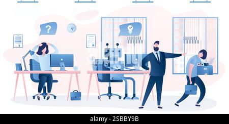 New robot on workplace. Unhappy and sad employees without job. Businesspeople characters in office interior. Artificial intelligence replaced humans. Stock Vector