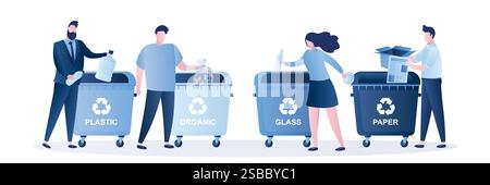 People putting rubbish in trash bins or garbage containers. Set of various men and women practicing garbage collection, sorting and recycling. Flat tr Stock Vector