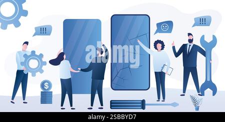 Repair and service mobile phones concept banner. Smartphone with cracks on screen, businesswoman boss and repairmen with tools. Repair a broken gadget Stock Vector