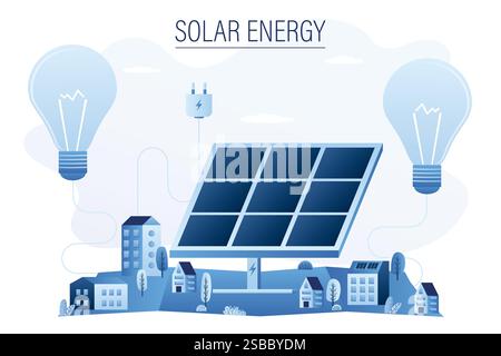 Solar, Clean Renewable Energy. Horizontal web banner.Eco and green technologies of future. Big solar panel, lightbulb,urban and nature landscape. Tren Stock Vector