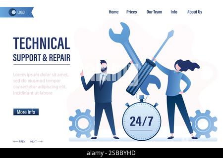 Technical support and repair landing page template. Business people hold screwdriver and wrench. Help 24 hours concept banner. Big watch and happy wor Stock Vector