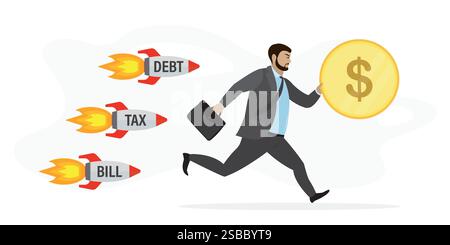Businessman running away from rockets- tax,bill,debt. Handsome male employee holding dollar coin in hand. Running office worker. Tax Time concept. Car Stock Vector