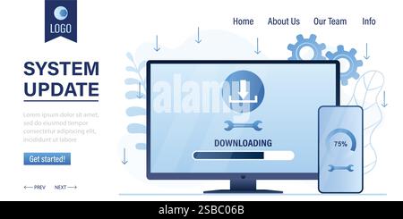 System update landing page template concept. Downloading files on gadgets. Upgrade operation system, modern laptop and mobile phone. Cloud technology, Stock Vector