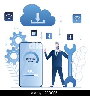 Downloading program files on smartphone, system update concept. Upgrade operation system. Mobile phone, male businessman holding wrench. Cloud technol Stock Vector