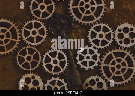 Old key and gears on rusty background. Concept of time management Stock Photo