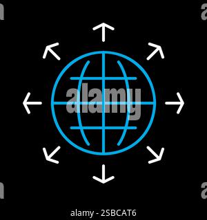 Arrows outside from globe vector on black background icon. Global communication filled symbol. Security sign. Graph symbol for your web site design, l Stock Vector