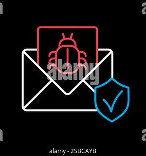 Mail infected malware vector on black background icon. Envelope with mail and virus bug spam alert. Email spam, phishing, scam and hacker attack conce Stock Vector