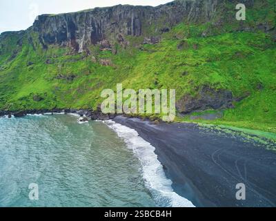 Aerial scenic view of Vikurfjara black sand beach near Vik in Southern ...