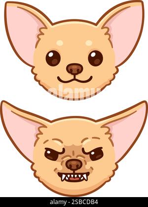 Cute cartoon Chihuahua, happy and angry and snarling. Funny dog face drawing, vector clip art illustration. Stock Vector
