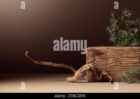 Abstract composition of old wooden plank and juniper branch. Neutral beige background for cosmetic, beauty product branding, and spa concept. Natural Stock Photo