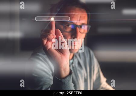 Using virtual screen, adult male clicking on menu item, mockup copy space Stock Photo