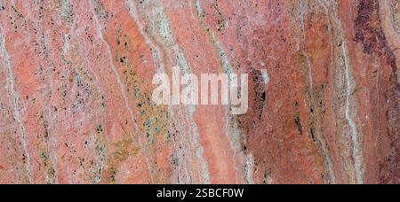 Red rock surface textures with cracks and erosion. Panoramic, close up. Stock Photo