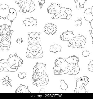 Capybara coloring page seamless pattern. Cartoon cute drawing capy ...
