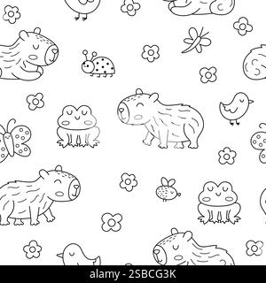 Capybara coloring page seamless pattern. Cartoon cute drawing capy ...