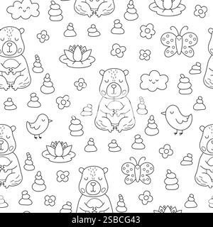 Capybara coloring page seamless pattern. Cartoon cute drawing capy ...