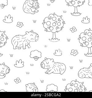 Capybara coloring page seamless pattern. Cartoon cute drawing capy ...