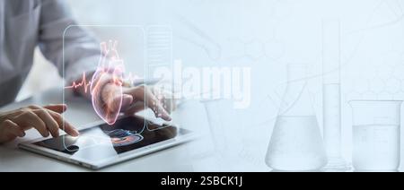 The doctor uses modern technologies, a virtual screen with a hologram. The concept of medicine of the future. Stock Photo