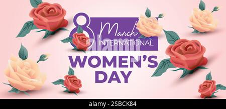 Happy International Women's Day March 8 Banner Vibrant Floral Design for Celebrating Women and Equality. Colorful Women's Day Wishes Background Stock Vector