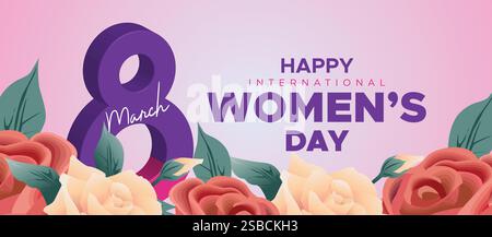 Happy International Women's Day March 8 Banner Vibrant Floral Design for Celebrating Women and Equality. Colorful Women's Day Wishes Background Stock Vector