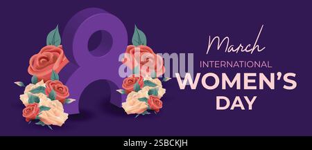 Happy International Women's Day March 8 Banner Vibrant Floral Design for Celebrating Women and Equality. Colorful Women's Day Wishes Background Stock Vector