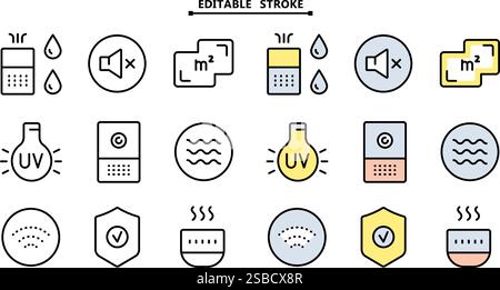 Air purifier and humidifier machine icon sets. Editable stroke. Home device for air purification filtering. Electronic devices. Home climate. Moisture Stock Vector