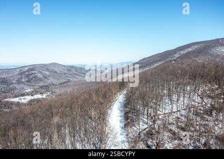 Aerial View of the Blue Ridge Parkway Covered in Snow and Closed in the Mountains Virginia Stock Photo