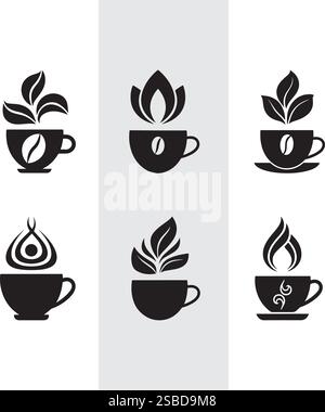 Hot Coffee Cup with Fire Flame Icon Black and White Silhouette - Mug Artwork Vector Set Stock Vector