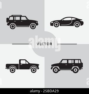 Car Set Vector Silhouette Artwork Black & White Stock Vector