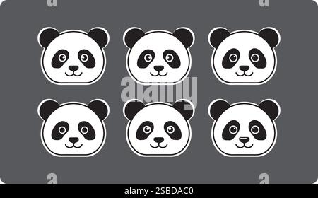 Cute Panda Face Vector Set Black & White Minimalist Cartoon Icon Sticker EPS Stock Vector