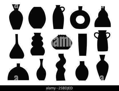 Silhouettes of trendy interior vases. Ceramic pottery in minimalistic boho style in black and white colors.  Stock Vector