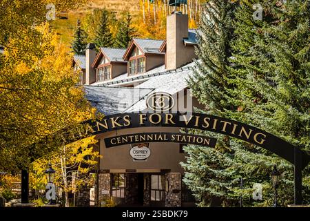 Beaver Creek, USA - October 8, 2022: Colorado ski resort town of Beaver Creek closeup sign for Centennial Station thanks for visiting in fall season Stock Photo