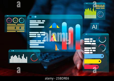Businessman working on a laptop with a holographic interface for big data analytics, artificial intelligence, data management, and strategic decision Stock Photo
