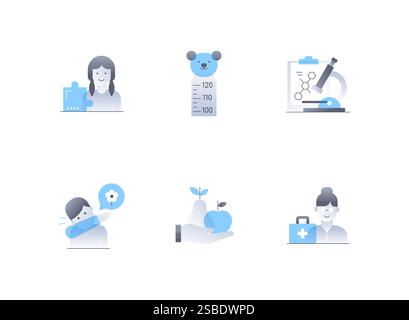 Children diseases and treatment - flat design style icons set Stock Vector