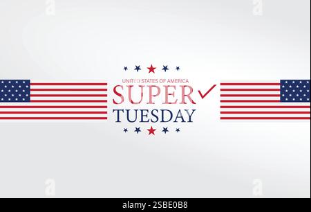 A patriotic Super Tuesday election graphic featuring red, white, and blue text with a checkmark symbol Stock Vector