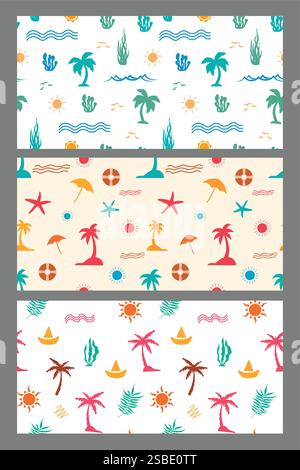 Summer seamless pattern clipart banner set. Summer wallpaper continuous decoration clip art with beach elements for holiday season vector illustration Stock Vector