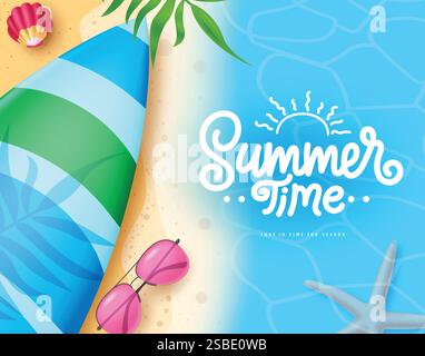 Summer time background clipart design. Summer time text in blue beach top view abstract background with printed surfboard elements vector illustration Stock Vector