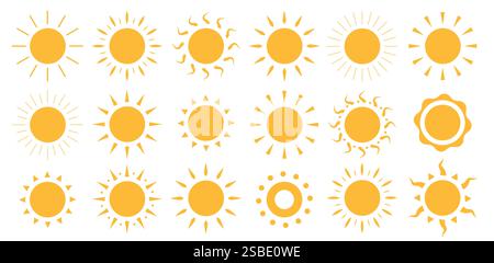 Sun icon clipart set. Yellow sun logo and symbol collection clip art vector illustration simple elements with variety of sunrays  in flat graphic Stock Vector