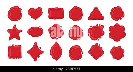 Cartoon wax stamps. Vintage postage seal stamp, red wax label marks, medieval post signet flat vector illustration set. Postal paraffin stamps collect Stock Vector